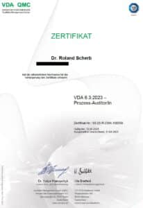 Zertifikat VDA 6.3:2023 Prozess-Auditor, gültig bis 10.04.2028, ausgestellt für Dr. Roland Scherb